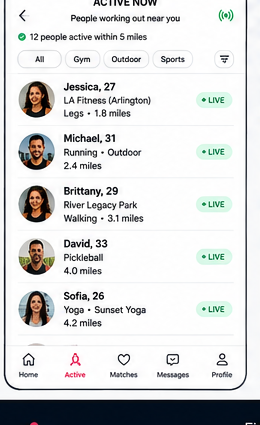 Essayer Fitness Active Now list showing people working out nearby